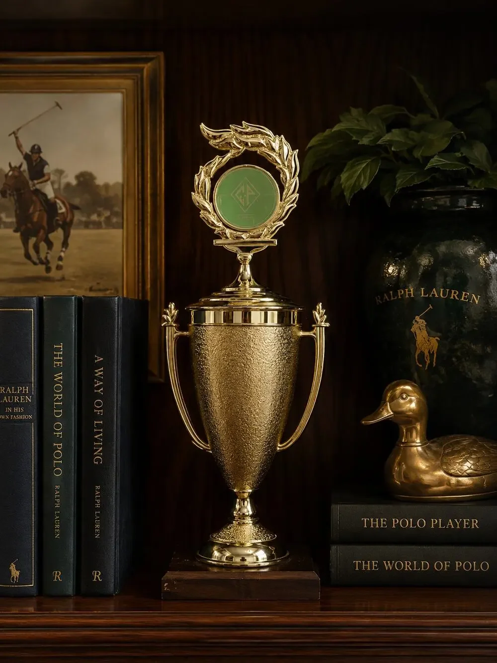 Vintage Gold Tone Trophy Cup on Wooden Base Dual Handles Ralph Lauren Aesthetic